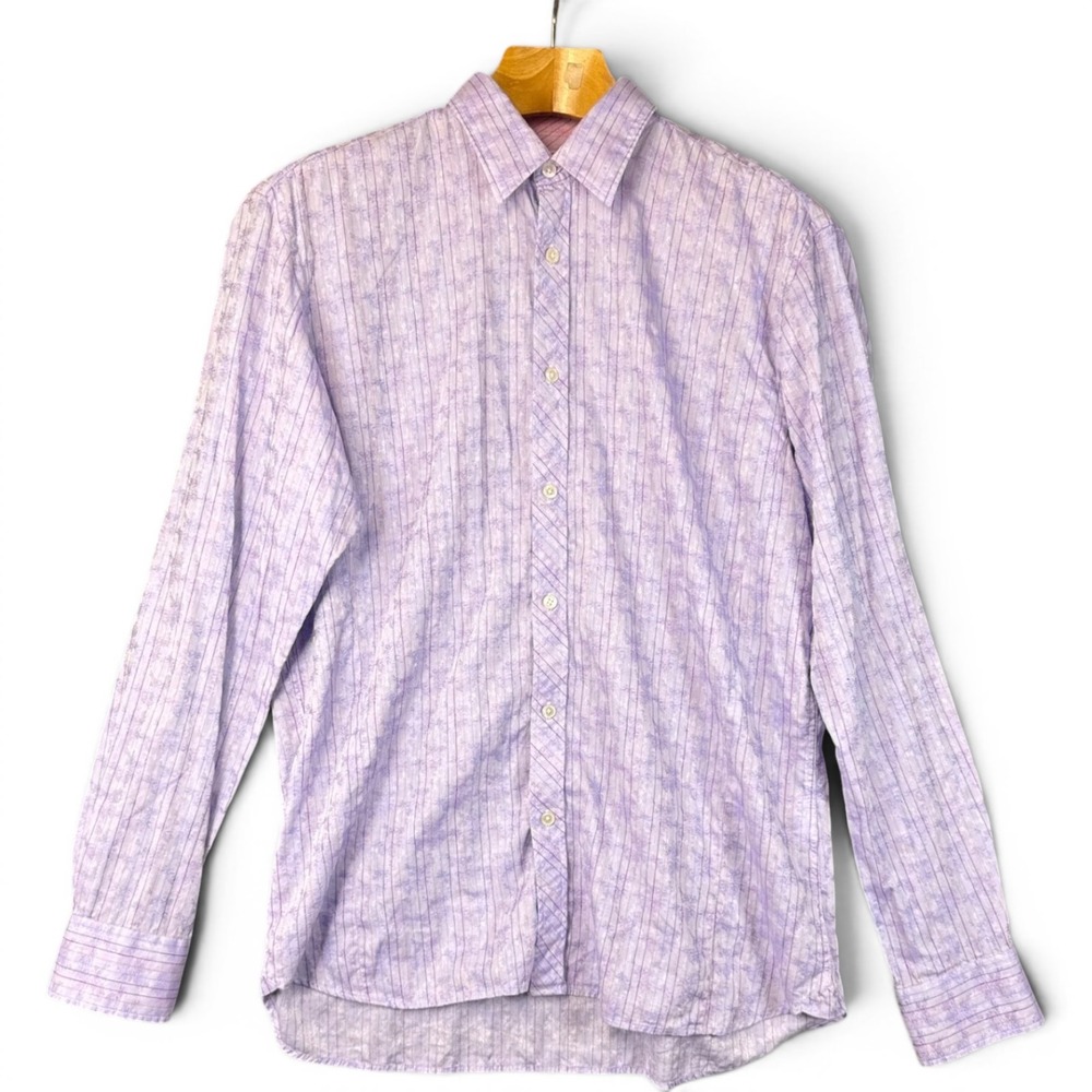 Ted Baker Endurance Shirt Mens 16.5 Purple Striped Floral Superfine Cotton Party